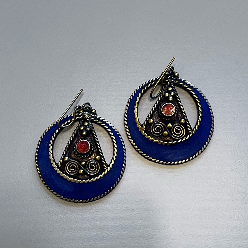 Boho Cresent Blue/Orange and Gold Earrings